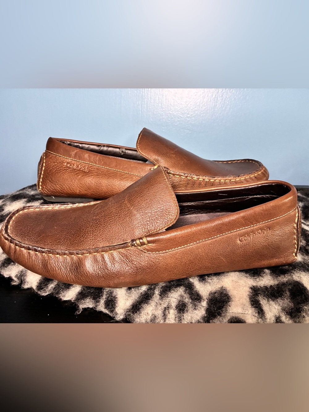 Calvin Klein Men's Chestnut Brown Leather Slip-On Loafers